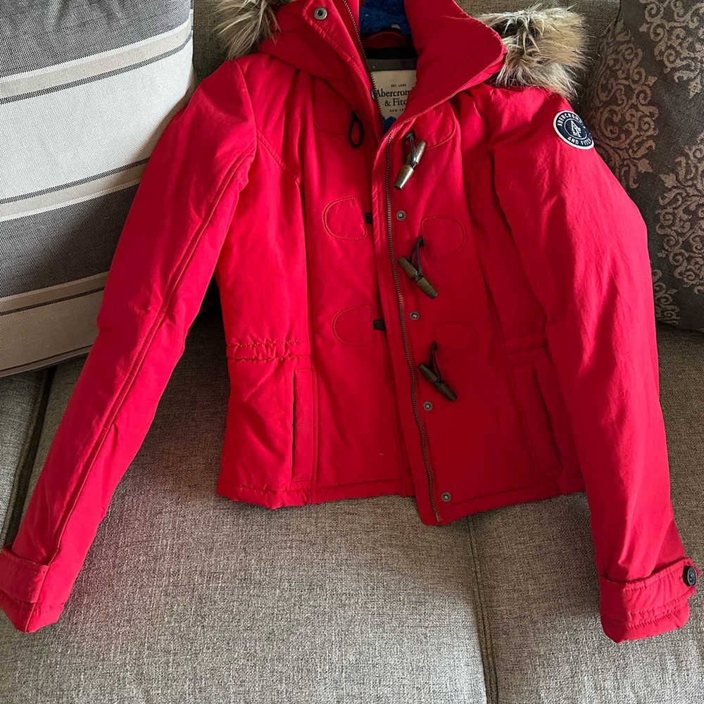 Abercrombie & Fitch Vibrant Red Kids Puffer with Fur Hood